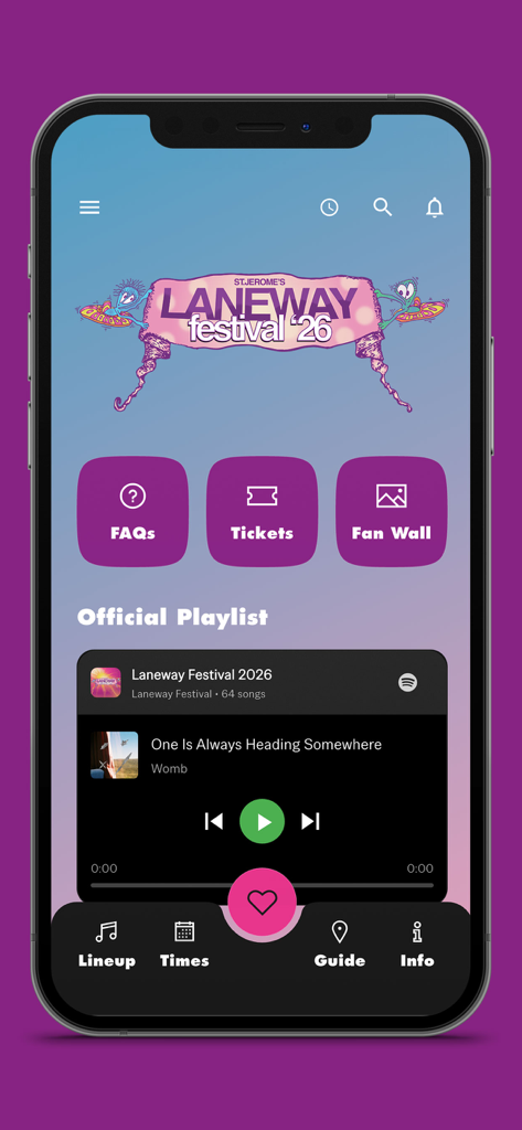 Laneway Festival - Mobile app home screen for St Jeromes Laneway Festival 2026 featuring the official Spotify playlist and event navigation icons