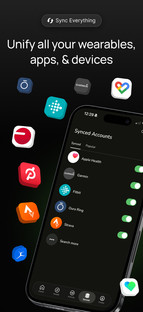 Sonar - Health & Performance - Sonar health app showing integration with multiple wearables and fitness trackers