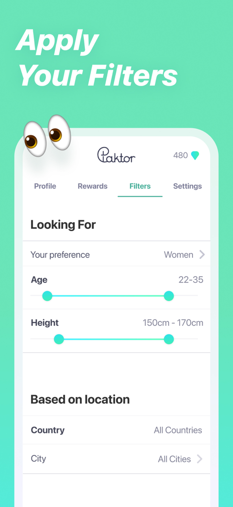 Paktor Dating App: Chat & Meet - Schermata dell'app di incontri Paktor che mostra i filtri di ricerca per preferenze di età, altezza e posizione.