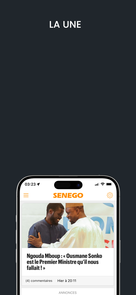 Senego: Actualité au Sénégal - Senego mobile app interface displaying top Senegalese news headlines and political articles
