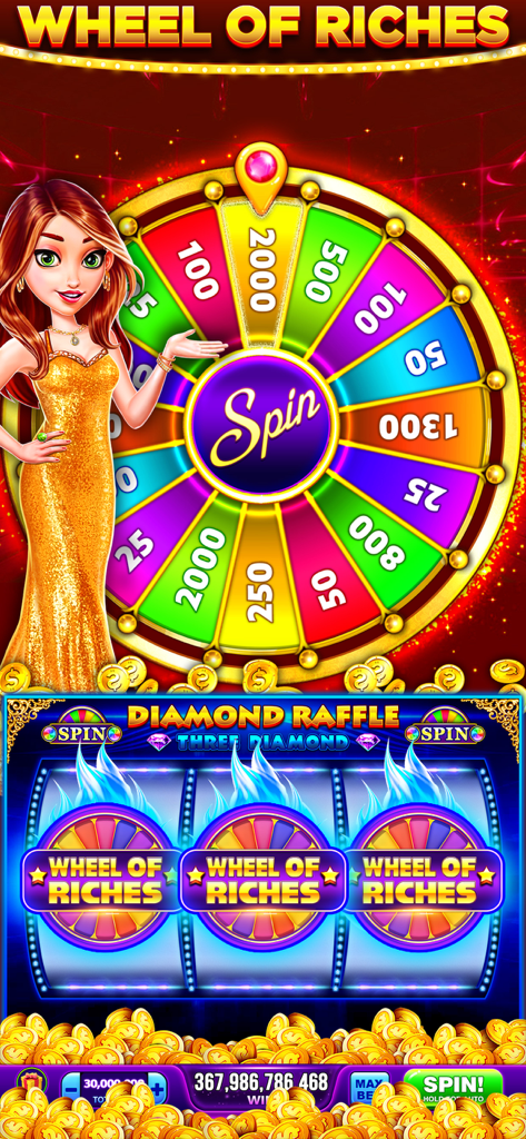 Gold Rich Casino - Vegas Slots - Pantalla del juego Gold Rich Casino mostrando una colorida Rueda de la Fortuna y una glamurosa presentadora con un vestido dorado