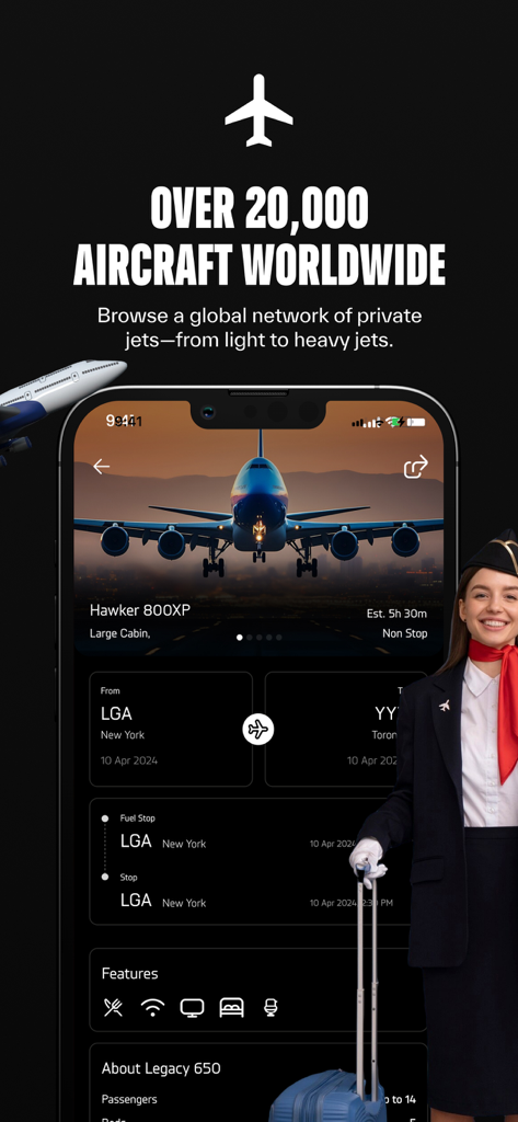 Jettly Private Jet Charter - Jettly mobile app interface for booking private jets with access to over twenty thousand aircraft worldwide