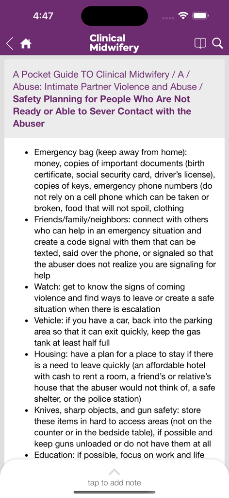 Guide to Clinical Midwifery - A mobile screen from the Guide to Clinical Midwifery app displaying clinical advice for safety planning in cases of intimate partner violence.