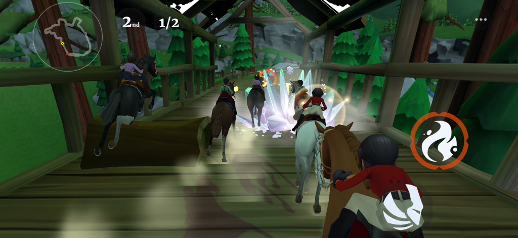 Wildshade Fantasy Horse Races - Riders on horses racing across a wooden bridge through a magical forest with glowing crystals in Wildshade Fantasy Horse Races