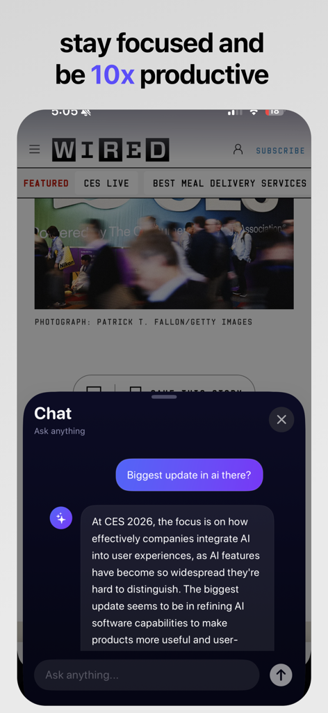 NEO Browser - NEO Browser app interface showing an integrated AI chat window summarizing a news article on an iPhone