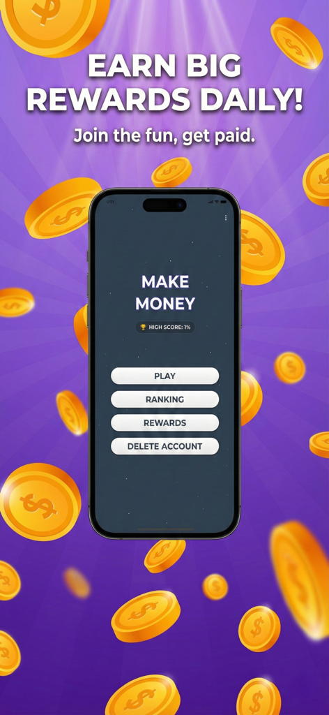 Just Games mobile app interface showing options to play and earn rewards surrounded by floating gold coins