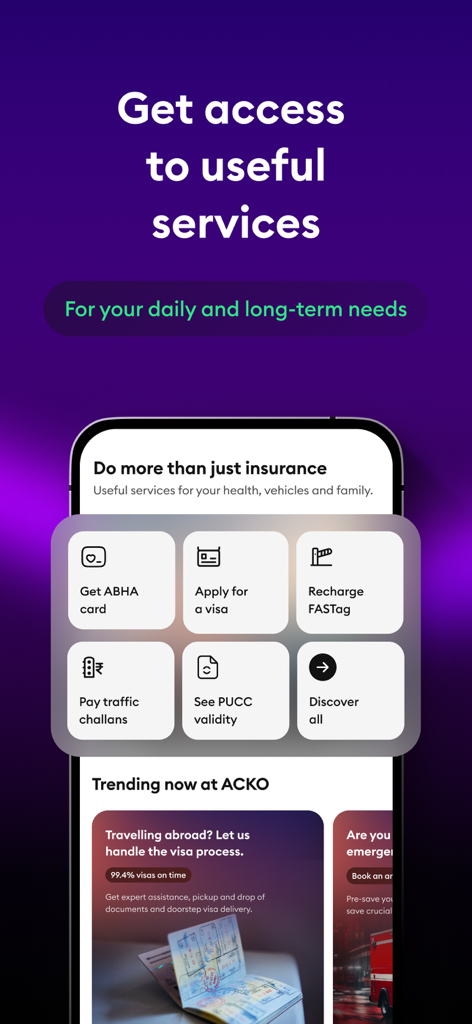 Screenshot of ACKO app showing additional services like visa application, FASTag recharge, and traffic challan payments.