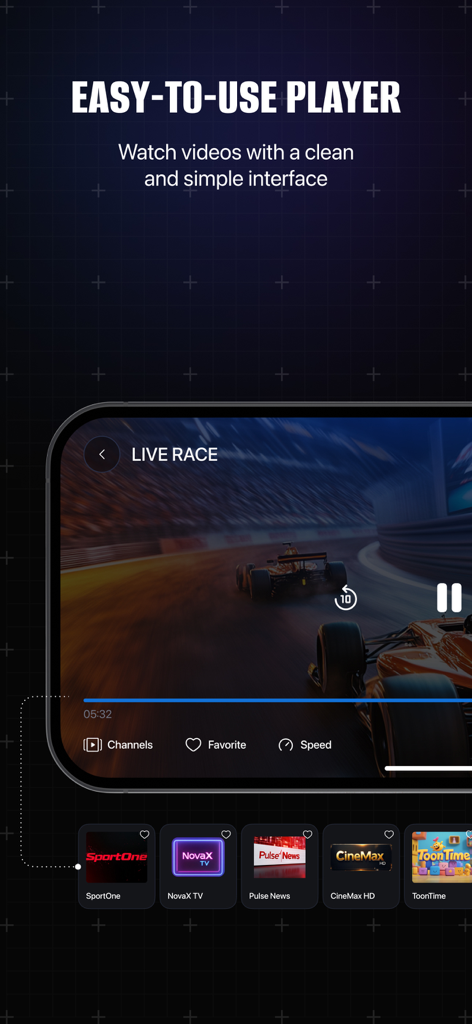 Interface épurée de Smarters IPTV Player Pro montrant une course en direct et des icônes de chaînes