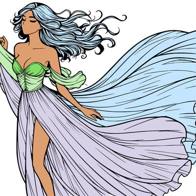 realistic woman in dress flowing the the wind