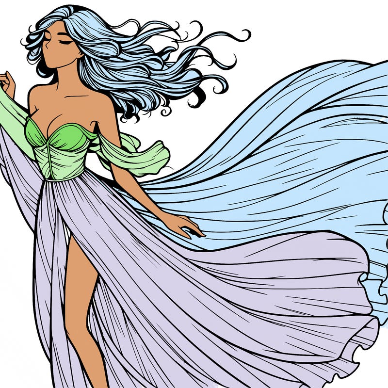 realistic woman in dress flowing the the wind