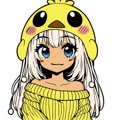 anime girl with chick shaped hat with sweater with bare shoulders with bangs covering them one eye with low tail