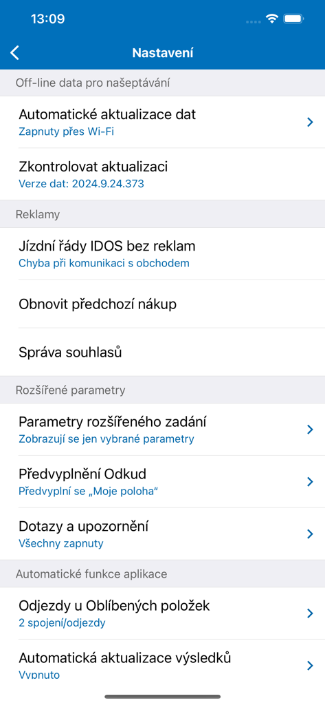 Jízdní řády IDOS - Écran des paramètres de l'application de transport IDOS pour la République tchèque