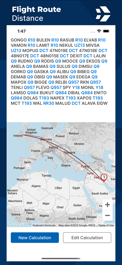 Schermata di calcolo della distanza della rotta di volo con mappa e waypoint di rotta IFR