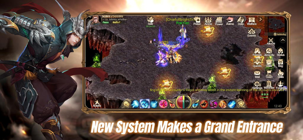 Conquer Online 2のゲームプレイ画面。オリエンタルファンタジーのキャラクターと「新システムがグランドエントリーを飾る」というテキストが表示されている。