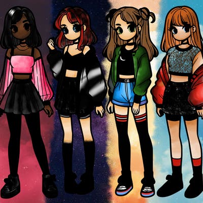 one girl with crop-top shirt and a jacket with a skirt, long socks and another girl with a shirt and pants with a jacket