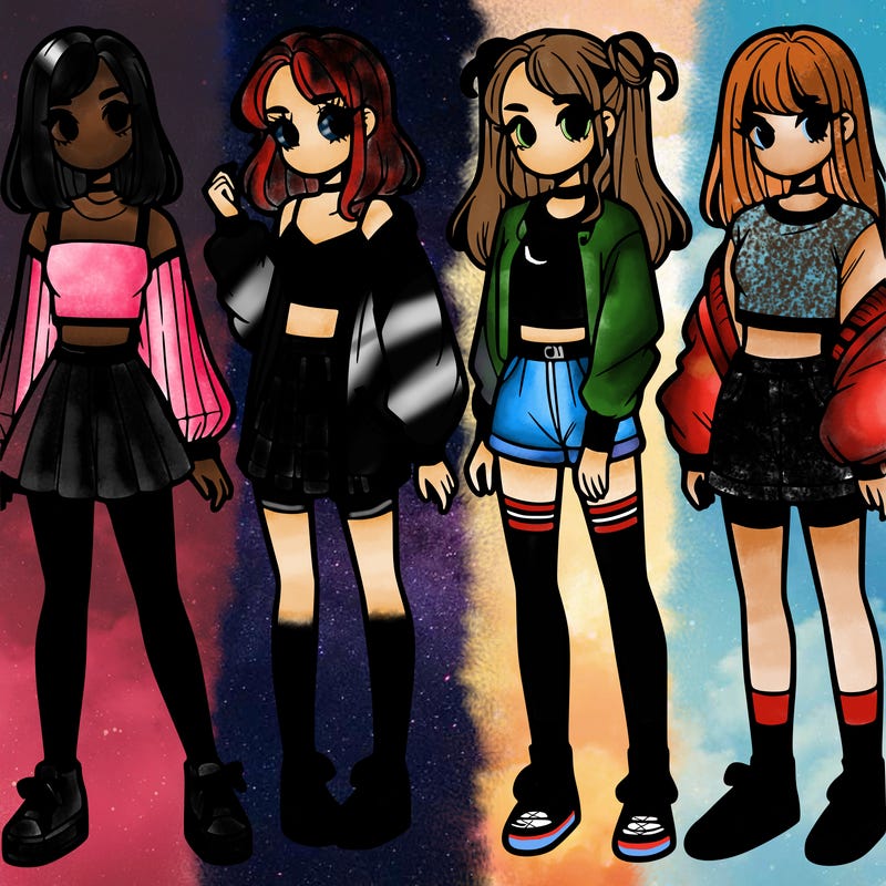 one girl with crop-top shirt and a jacket with a skirt, long socks and another girl with a shirt and pants with a jacket