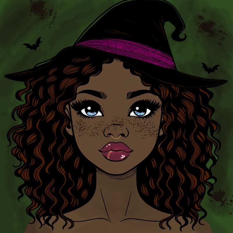 realistic black girl with wavy hair and witch hat and nose and lips