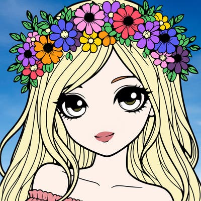 semi realistic pretty girl with flower crown