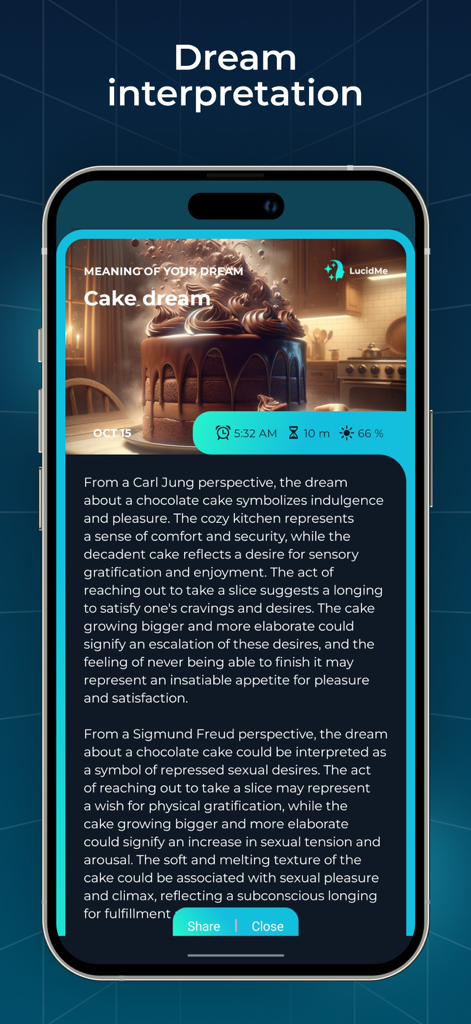 LucidMe app interface showing a dream interpretation analysis of a cake dream from psychological perspectives