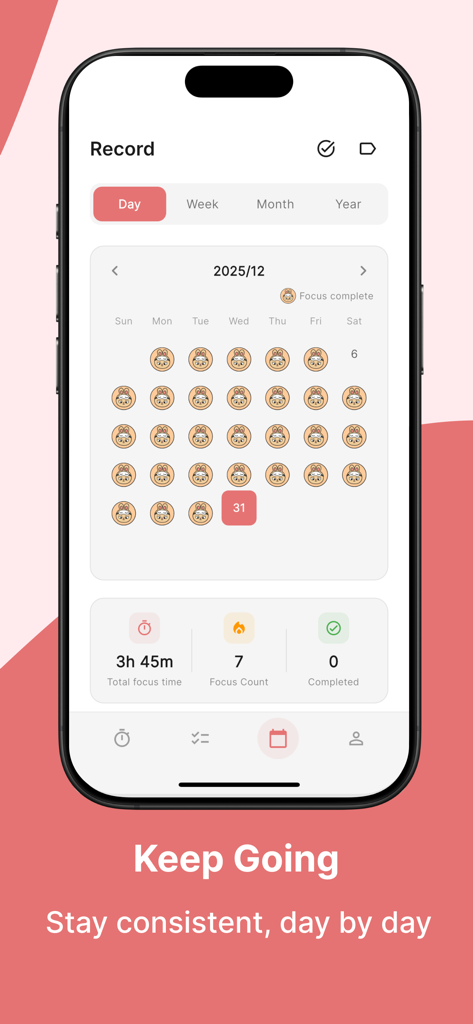 Pomolings - Pomodoro Timer - Pantalla de registros de la aplicación Pomolings que muestra un calendario con iconos tiernos para sesiones de enfoque diarias y estadísticas de productividad