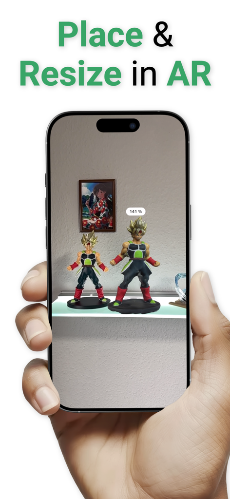 ARを介して実際の部屋に配置およびリサイズされている3Dスキャンされたアクションフィギュアを示すスマートフォン画面。