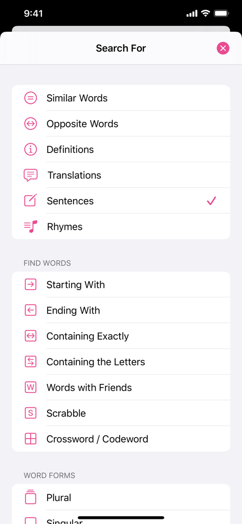 Word Hippo app search menu displaying options for synonyms definitions translations and word game tools