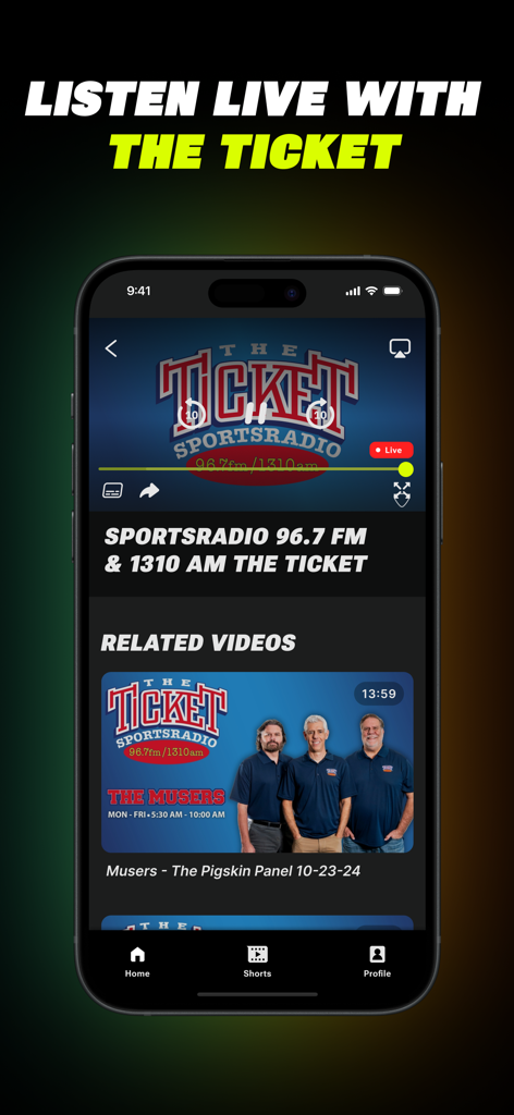 Victory plus app interface showing a live sports radio broadcast of The Ticket on an iPhone