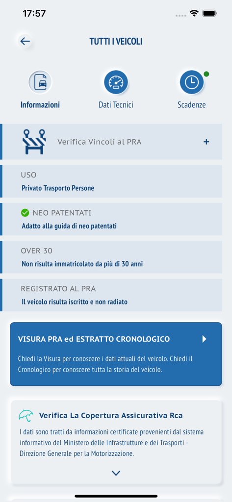 Detailed vehicle information screen in the ACI Space app showing registration and insurance status