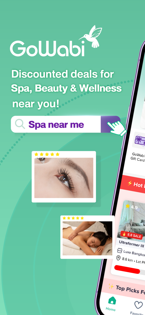 GoWabi - Beauty & Wellness - GoWabi 앱 인터페이스에서 주변 스파 검색과 함께 할인된 스파, 뷰티, 웰니스 거래 표시