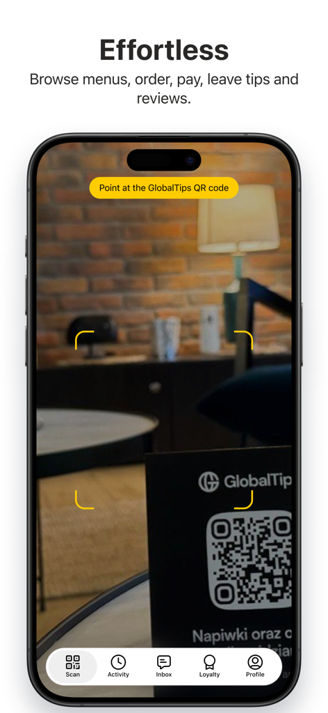 GlobalTips Guest - GlobalTips Guest app interface showing a smartphone scanning a QR code for contactless restaurant tipping and ordering
