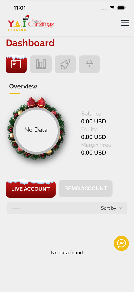 Panel móvil de la aplicación YAI Trading Pro que muestra el saldo de la cuenta y el patrimonio con un tema navideño.