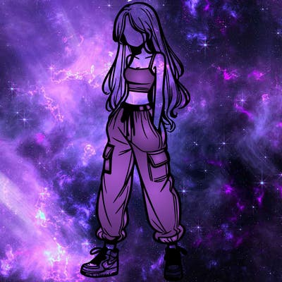 girl in baggy pants crop top and long hair