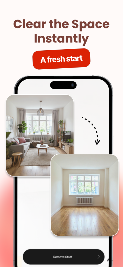 Archie – AI Interior Design - Archie AI interior design app interface showing the smart furniture removal feature to clear a room instantly