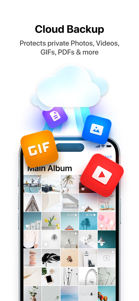 Smartphone screen displaying the Keepsafe cloud backup feature for private photos videos and documents.