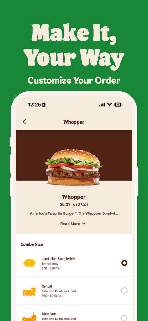 Burger King app screen for customizing a Whopper order with combo size options