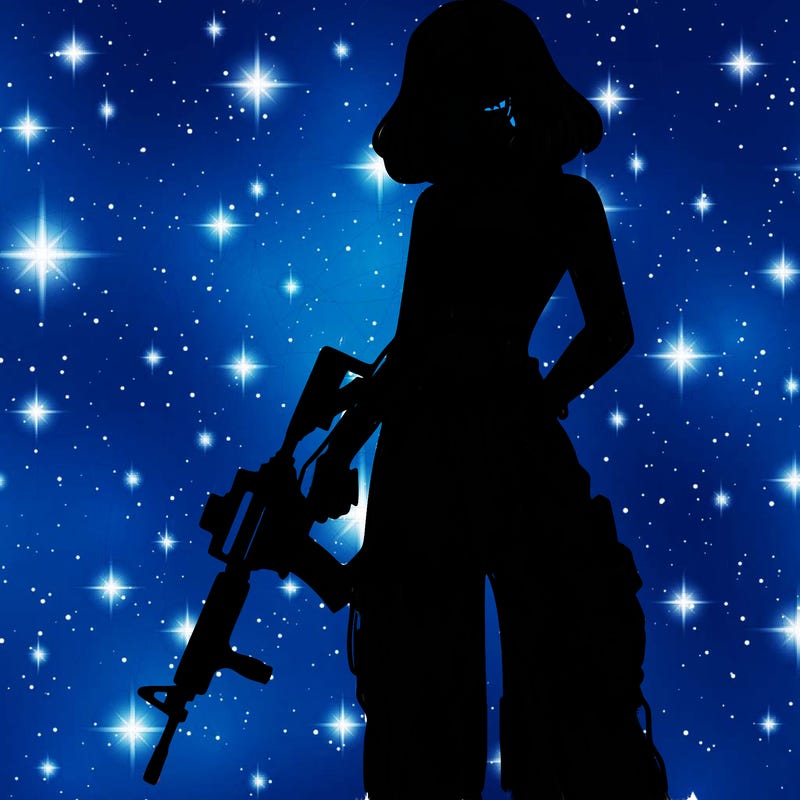 a dangerous girlcrop top and baggy jeans with a rifle in her hand