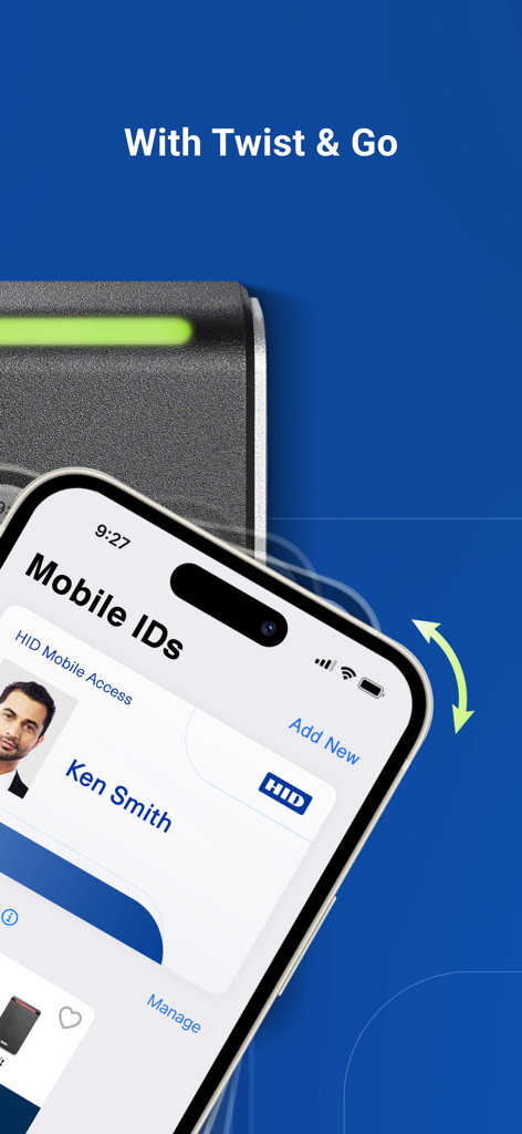 Smartphone displaying HID Mobile Access ID with Twist and Go feature for contactless entry