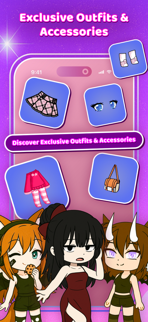 Uma tela de celular mostrando roupas exclusivas Gacha, acessórios e personagens de anime personalizados.