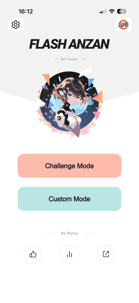 Abacus Mental Math Training - Pantalla del menú principal de la aplicación de cálculo mental Flash Anzan con modos Desafío y Personalizado