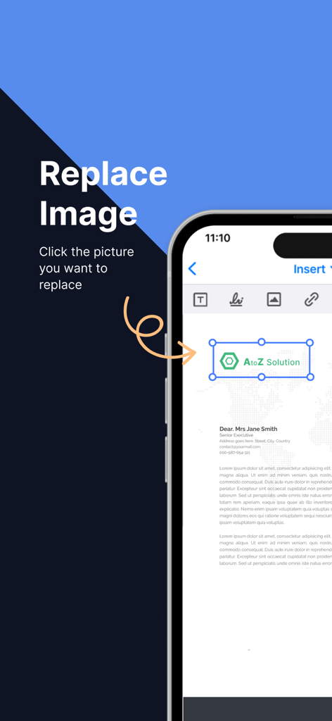 Office Word Editor-Docs, Share - Screenshot dell'iPhone che mostra come sostituire un logo o un'immagine all'interno di un documento nell'app Editor di Testo per Office