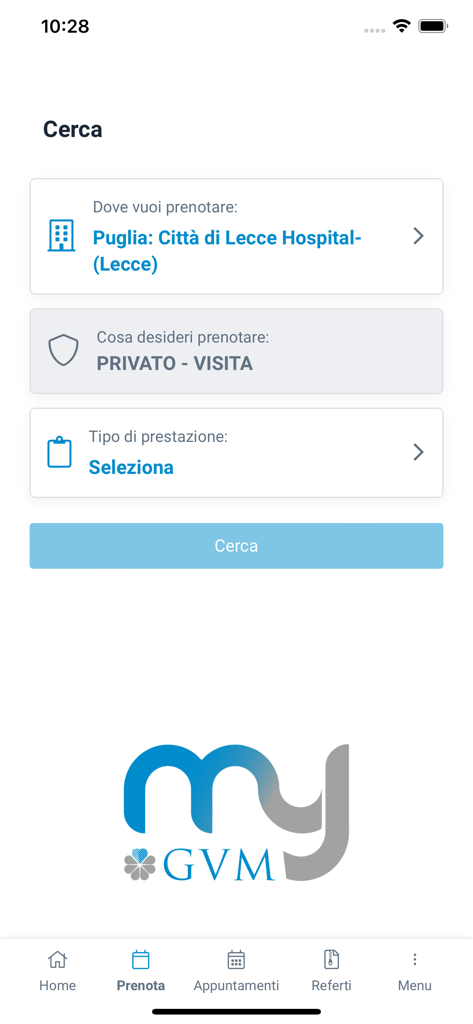 Écran de recherche de l'application MY GVM pour réserver des rendez-vous médicaux et des services hospitaliers