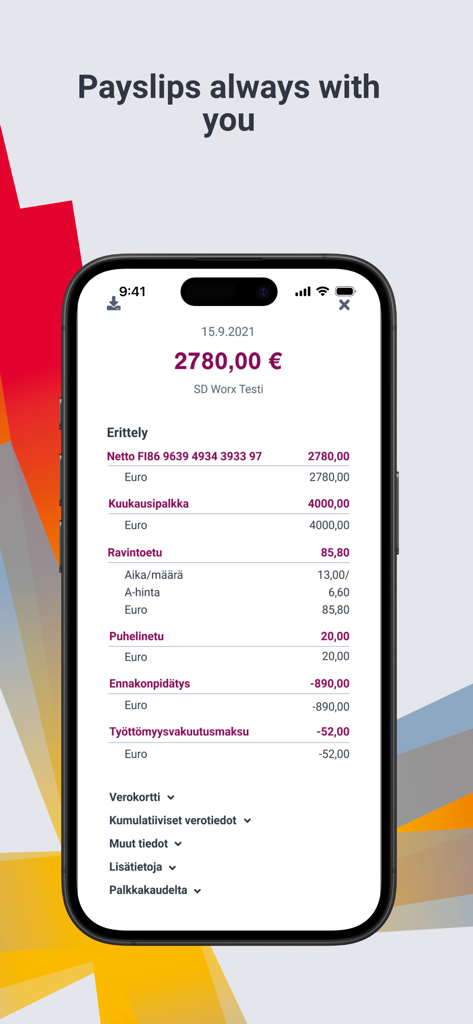 A smartphone screen displaying a detailed digital payslip within the eLiksa finance app.