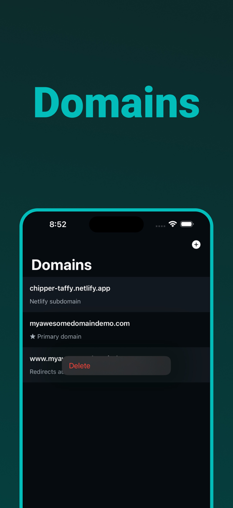 Dashify for Netlify.com - Dashify アプリのスクリーンショットに、プライマリドメインや Netlify サブドメインを含むウェブサイトドメインのリストと、削除オプションが表示されています
