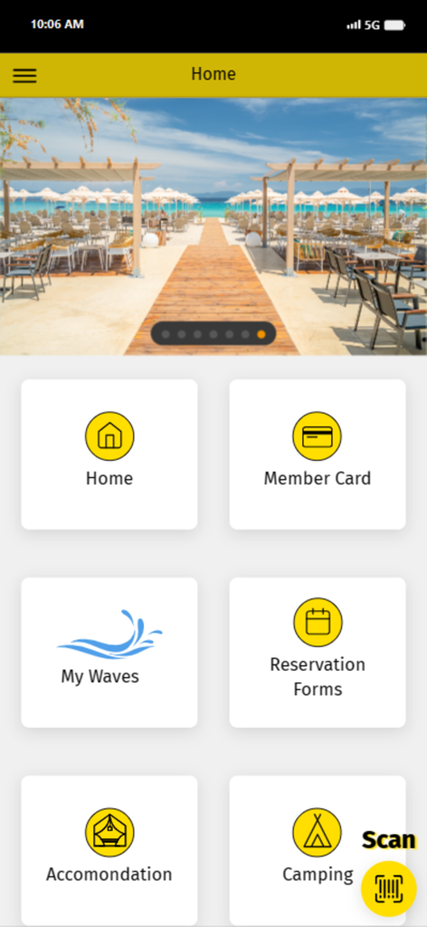 Armenistis - Pantalla de inicio de la app Armenistis que muestra una foto de un resort de playa e iconos de menú para tarjeta de miembro, reservas y alojamiento.
