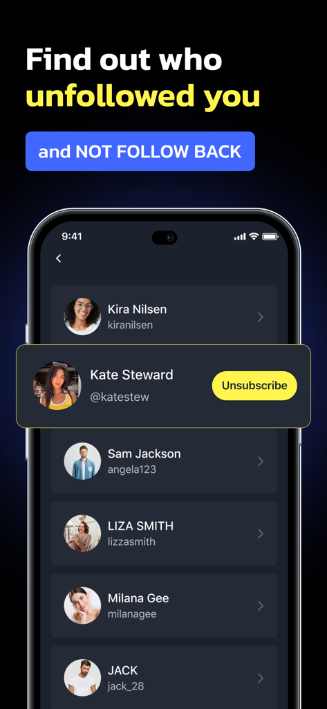 Reports,Followers Tracker AI - Interface do aplicativo móvel mostrando uma lista de perfis do Instagram que deixaram de seguir você com uma opção de cancelar inscrição