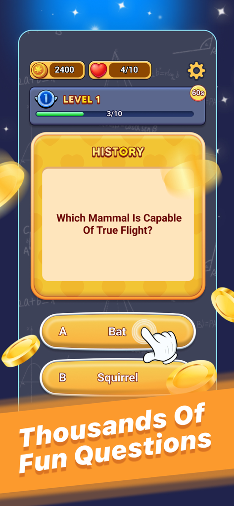Écran du jeu de quiz de QuizSpark Pro affichant une question sur les mammifères volants avec des pièces d'or et des indicateurs de progression de niveau