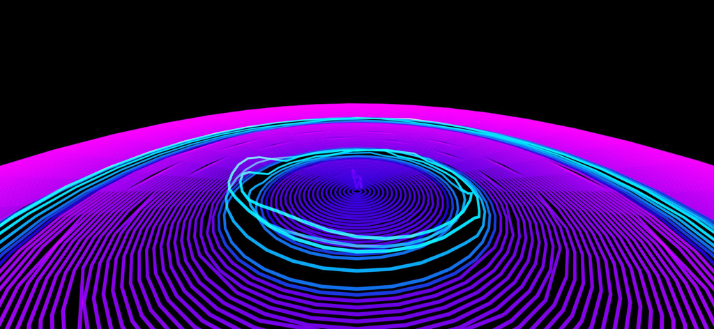 Un display di spettro audio circolare viola neon e blu.