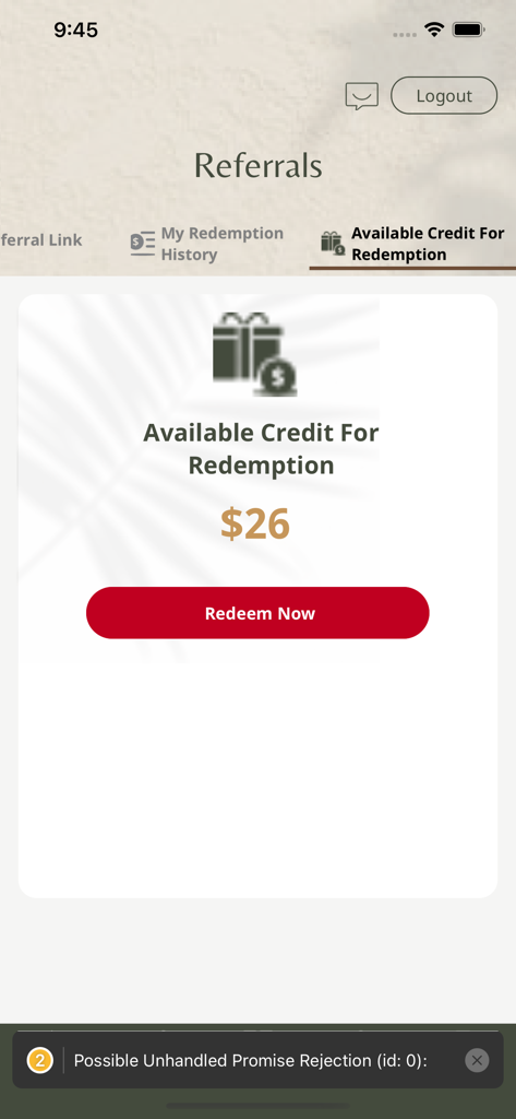 Keppel Electric - Keppel Electric app screen showing 26 dollars in available referral credit with a redeem now button