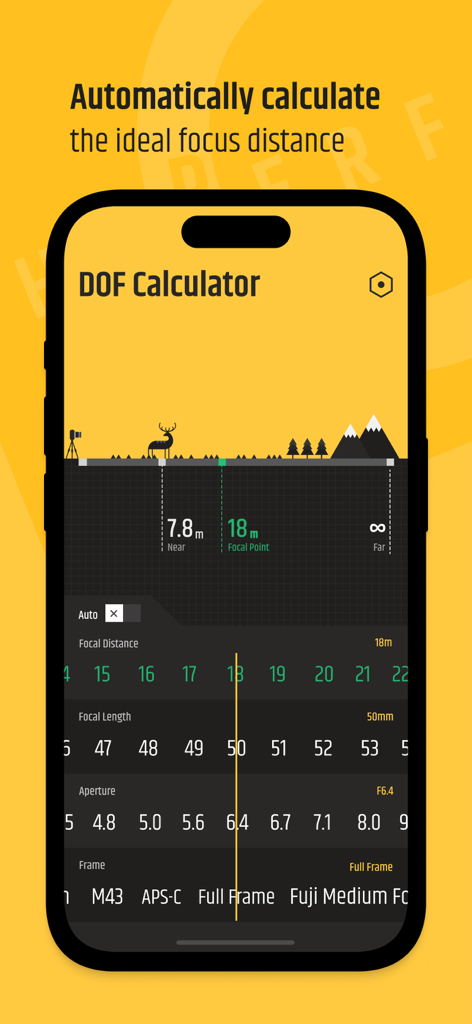 Interface de l'application Calculateur de Profondeur de Champ affichant les réglages de distance de mise au point, de distance focale et d'ouverture pour la photographie professionnelle