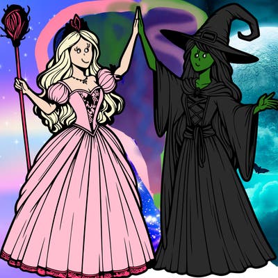 detailed realistic split of a princess and a witch